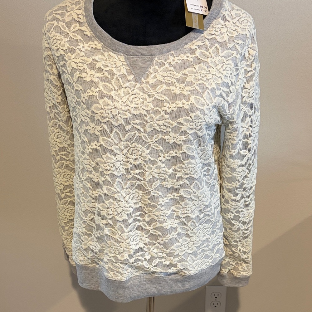 Lace Overlay Gray Sweater